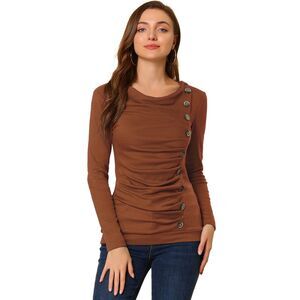 Women's Cowl Neck Long Sleeves Buttons Decor Ruched Top Brown